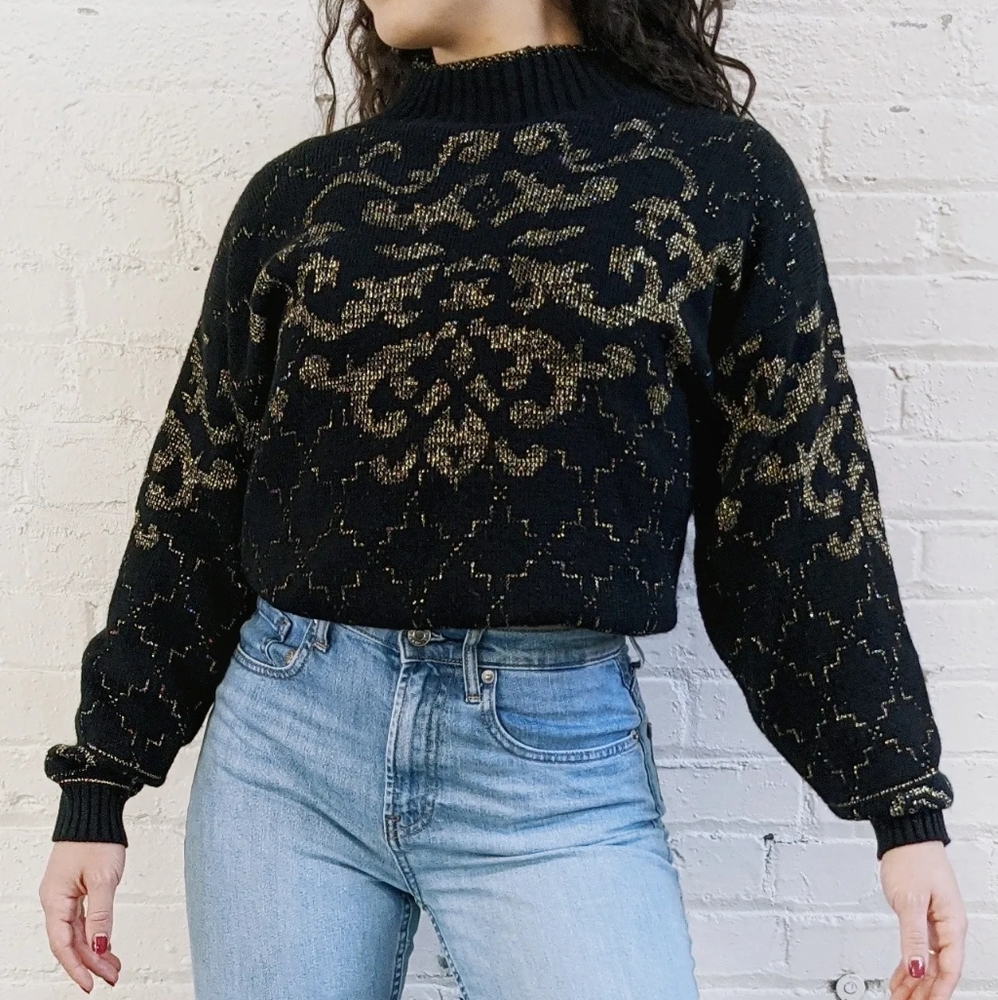 Vintage Sweater | 1980s Arielle | Black & Gold Lurex Mockneck